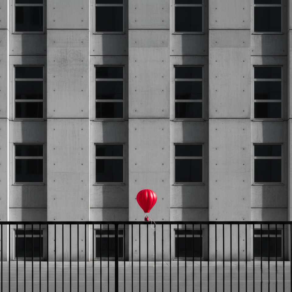 Eine weite, graue Betonarchitektur. Inmitten dieser Kälte findet sich ein absolut deplatziertes, „nutzloses“ Objekt: Ein bunter Luftballon